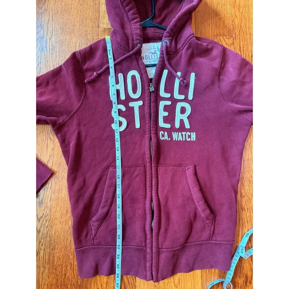 Y2K Hollister Hoodie Burgundy‎ Zip Up Sweater Unisex 2000s Red Sweater Graphic L